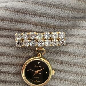 Rhinestone Brooch with dangling timepiece